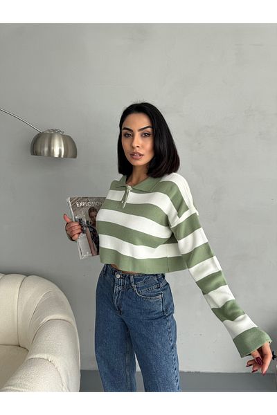 alanora Buttoned Polo Neck Cotton Knitwear Striped Sweater