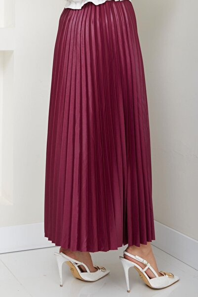 hafsamina Elastic Waist Leather Look Tight Pleated Skirt Plum Hm2655