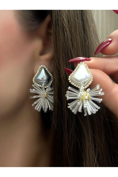 MyladyAccessoriess Blue Steel Flower Earrings - Baroque Pearl Detail