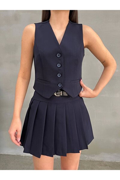 asfamoda Ženska tamnoplava haljina bez rukava sa dugmadima Prsluk & Postavlje...