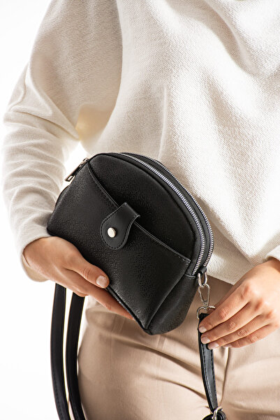 Morpelikan Women's Faux Leather Adjustable Cross Strap 4 Compartment Magnet Buckle Detailed Black Shoulder Bag