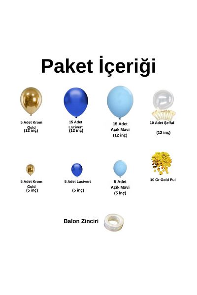 Organizasyon Pazarı Chrome Gold-Navy Blue-Pastel Blue Transparent 60-Piece Balloon Chain Set - 10grbalonpulu