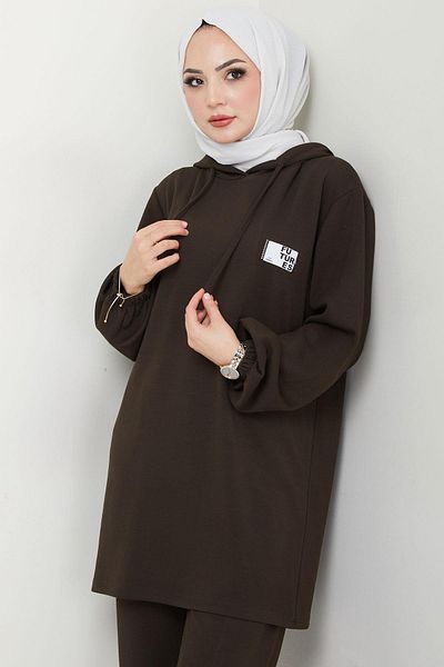 hafsamina Bitter Brown Hooded Double Set - Crest Detail Hm2654