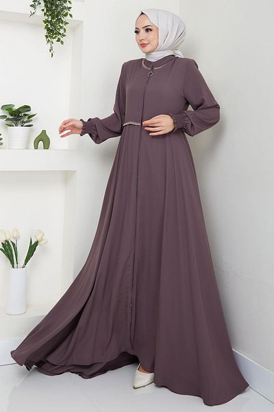 hafsamina Light Brown Embroidered Mevlana Ferace - Hm2359