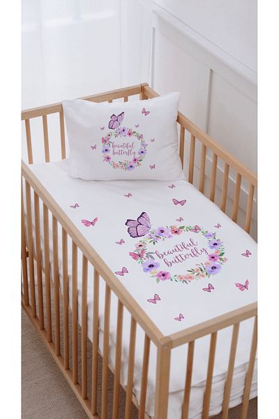Lilabio 100% Cotton Butterfly Patterned Side Crib Bedding Set - 60X100
