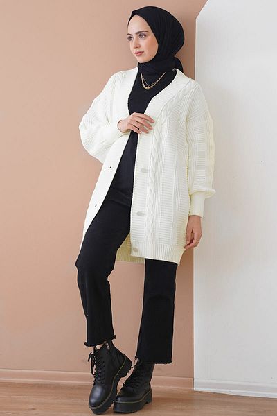 Bigdart 15768 Ecrufarbener Strick-Cardigan mit geknöpftem Strickmuster