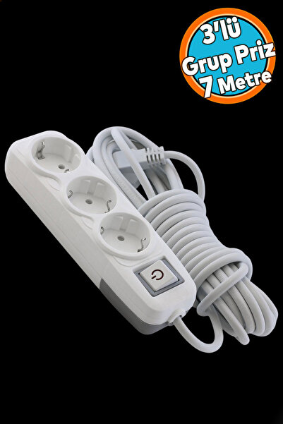 NZB Topraklı Grup Priz 3'lü Anahtarlı 7 Metre Seyyar Ara Kablolu Uzatma Kablo...