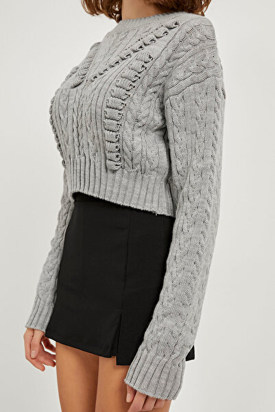 Arma Life Women's Long Sleeve Braided Basic Gray Crop Knitwear Sweater