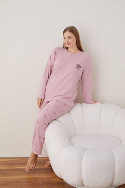 CALİA Women's Interlock Fabric Plus Size Button Sleepwear Suit