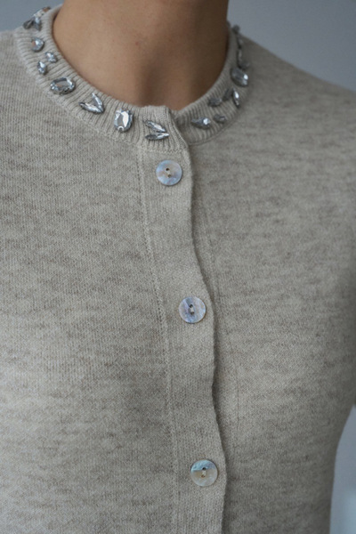 BRTC design Kadın Bej Yakası Taş İşlemeli Triko Hırka