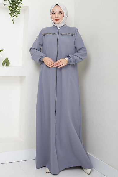 hafsamina Gray Gala Ferace - Stone Detail Hm2313