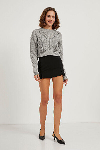 Arma Life Women's Long Sleeve Braided Basic Gray Crop Knitwear Sweater