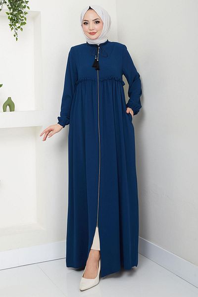 hafsamina Petrol Colored Lace up Pleat Ferace - Hm2327