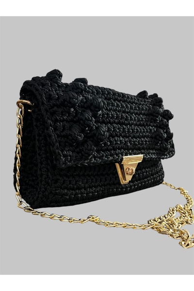 GÜLHOBİTASARIM Siyah Örgü Çanta El Emeği Makrome Çanta Çapraz Zincirli Çanta