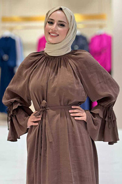 Bym Fashion 3925 Model Brown Dress - Ruffle Sleeve Detail
