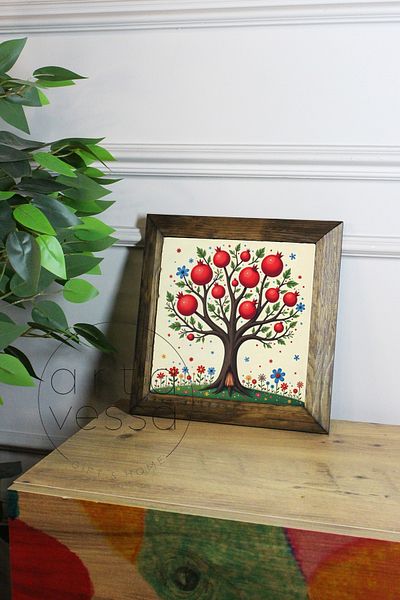 Artavessa Панел за картина с рамка от масивно дърво, камък, 26 x 26 см - Дърво на изобилието от нар