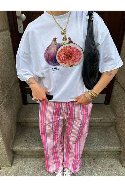NO 601 Tricou de damă cu imprimeu alb cu smochine, supradimensionat, cu potrivire liberă