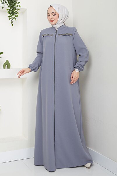 hafsamina Gray Gala Ferace - Stone Detail Hm2313