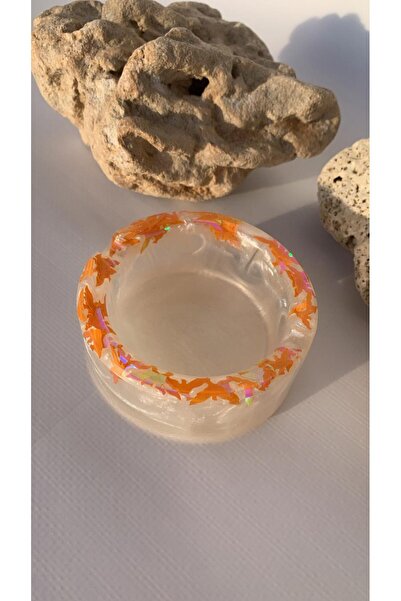 MISS GOLDEN Sedefli Beyaz Renk Epoksi İçinde Turuncu Kuş Süslemeli Yuvarlak Ş...