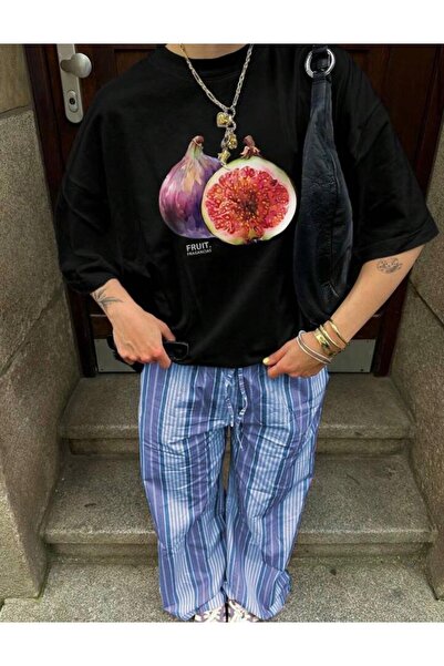 NO 601 Tricou de damă negru cu imprimeu supradimensionat cu figuri largi