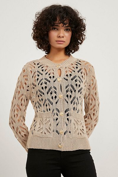 Arma Life Cardigan scurt de tricotaj bej ajurat de vară cu nasturi pentru femei