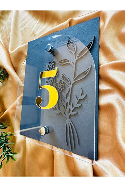 esamore concept Ahşap Pleksi Dekoratif Çiçekli Kapı Numarası, Çiçek Desenli Katmanlı Pleksi Levhalı Kapı  Numarası