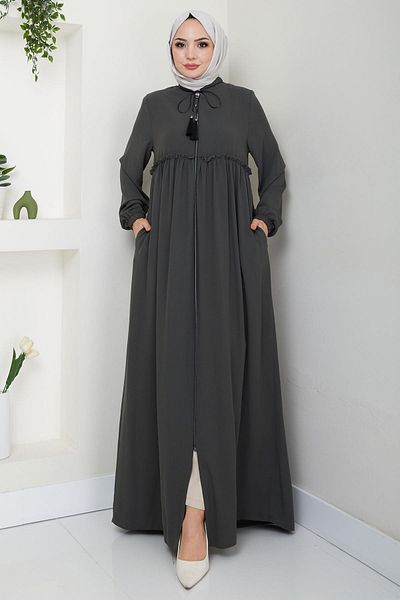 hafsamina Khaki Ferace - Lace-Up and Pleat Detail Hm2327