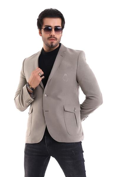 By Karaaslan Spor Ceket Cream Krem Modern Slim Fit Blazer Spandex Jacket Office Formal