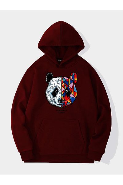 SOFTWAY Унисекс суитшърт с качулка и принт на панда Heiparman Oversize - бордо червен