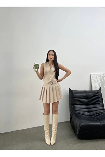 asfamoda Γυναικείο κοντό υφαντό κλασικό γιλέκο με ριγέ κρέμα χωρίς μανίκια με κουμπιά