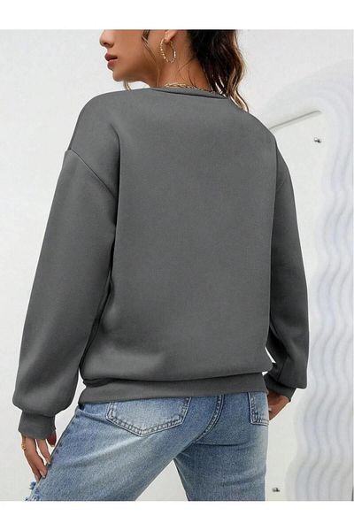 stg spor toptan giyim Women's Dark Gray Stargirl Printed Crew Neck Sweatshirt