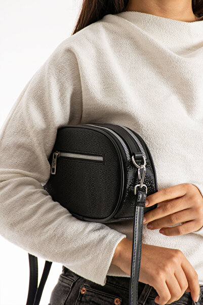 Morpelikan Women's Faux Leather Adjustable Crossbody Strap 3 Compartment Zipper Closure Black Mosaic Shoulder Bag