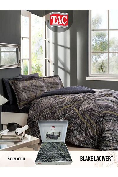 Taç Blake Navy Blue Duvet Cover Set Double Digital Satin