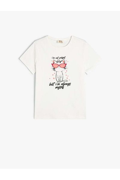 Koton Bavlněné dívčí tričko s krátkým rukávem s potiskem pro kočky - Crew Neck 4SKG10585AK ECRU