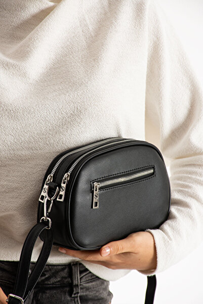 Morpelikan Women's Faux Leather Adjustable Cross Strap 3 Compartment Zipper Closure Black Shoulder Bag