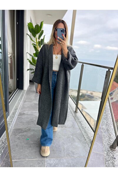 Askı Nişantaşı Women's Shawl Collar Oversize Anthracite Long Cardigan