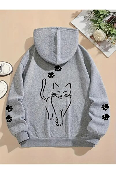 LAND MODA Hanorac unisex cu glugă și imprimeu cu pisici