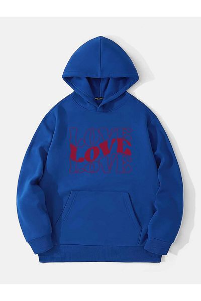 SOFTWAY Αδιάφορο Unisex Oversize Sweatshirt με τύπωμα Three Love και φλις κουκούλα - Σαξ μπλε