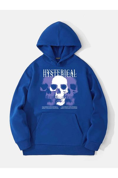 SOFTWAY Unisex Oversize Hysterigal Εκτυπωμένο Φλις Φούτερ με Κουκούλα - Μπλε Σαξ