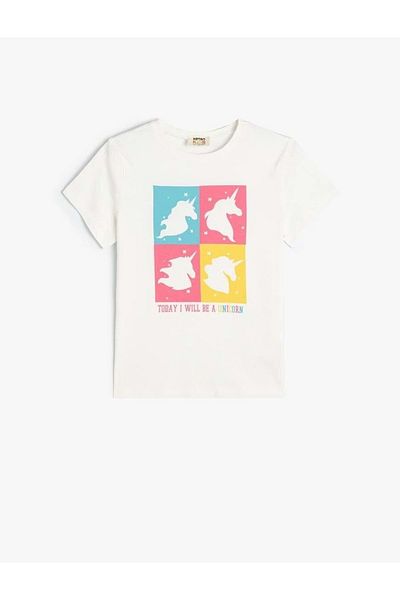 Koton Unicorn Patterned Cotton Girl's T-Shirt - Short Sleeve, Crew Neck 4SKG10581AK ECRU