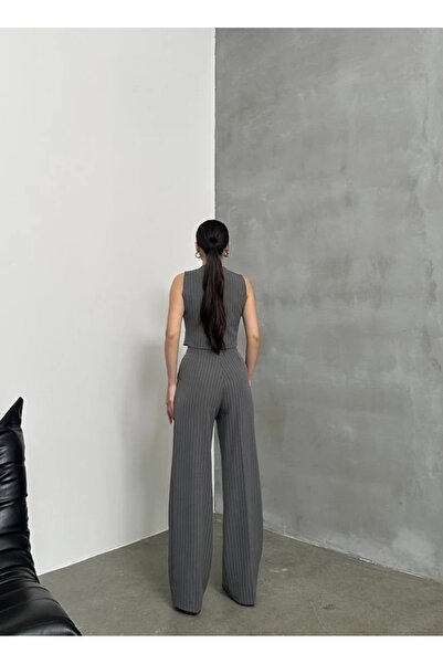 asfamoda Kadın Antrasit Çizgili Kolsuz Düğmeli Kısa Dokuma Klasik Yelek