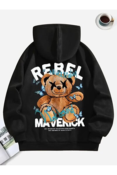 LAND MODA Hanorac unisex cu glugă cu imprimeu urs