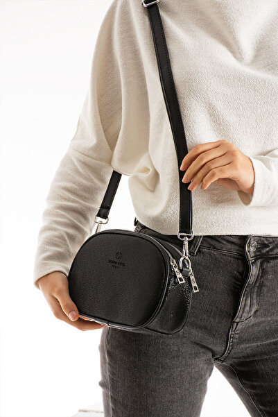 Morpelikan Women's Faux Leather Adjustable Crossbody Strap 3 Compartment Zipper Closure Black Mosaic Shoulder Bag