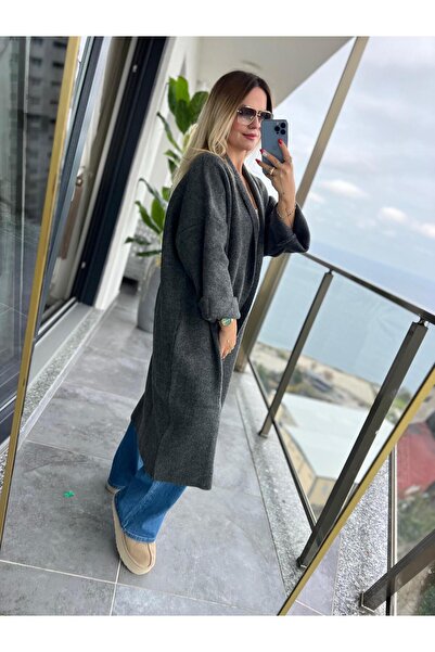 Askı Nişantaşı Women's Shawl Collar Oversize Anthracite Long Cardigan