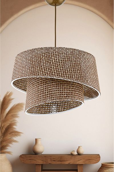 EvLight Eftelya Beige Hazeran Rattan 2 Tier Cake Pendant Lamp Chandelier