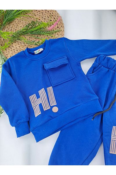 Butik Set de trening dublu pentru băiat - detaliu de buzunar, fleece, culoare albastră, 3 fire de borduri