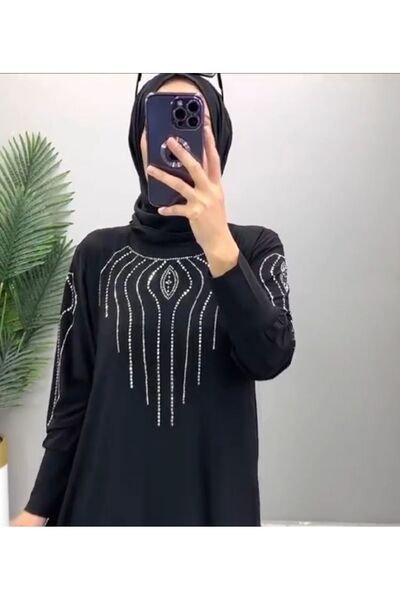 modamira Kadın Sandy Siyah Büyük Beden Boydan Abiye Önü Ve Kolları Taş Detaylı Tesettür Elbise