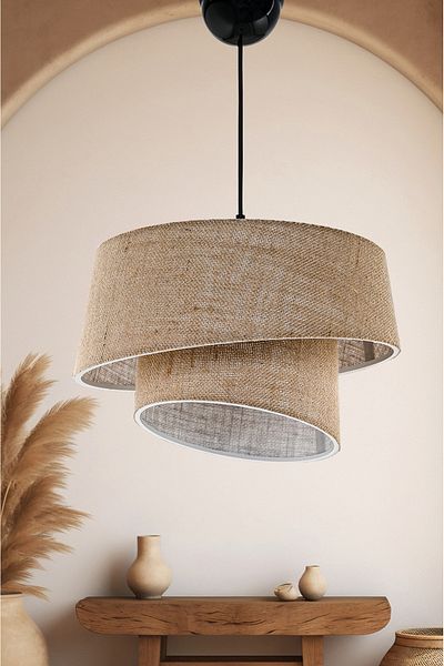 EvLight Eftelya Jute Hazeran Rattan 2 Layer Cake Pendant Lamp Chandelier