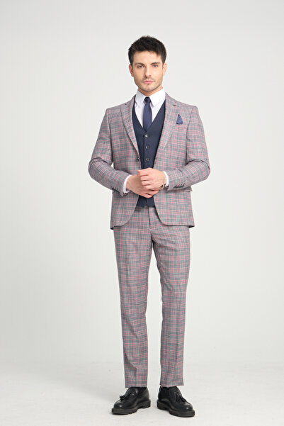 Frappoli Slim Fit Gri-Bordo Ekose Kareli Düz Mono Yaka Çift Yırtmaçlı Astarlı Takim Elbise