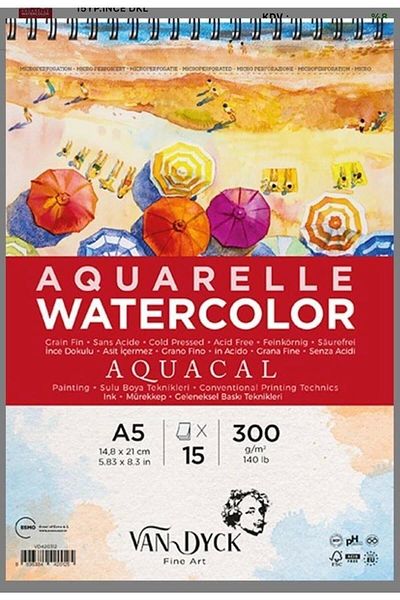 Van Dyck Aquacal Fine Textured Coldpress A5 15 Sheets Watercolor Block with Spiral on Top